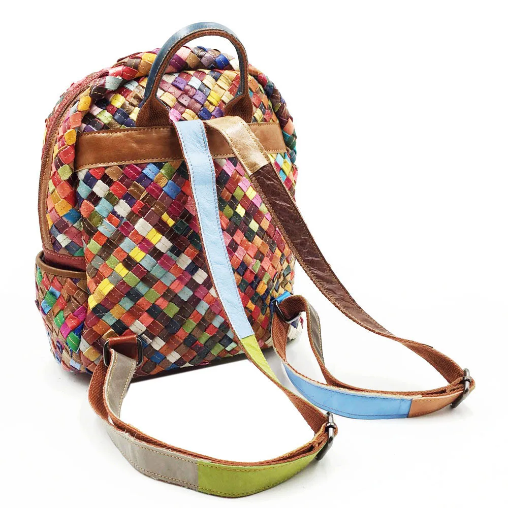 Women Colorful Woven Cow Leather Backpack Multi-Color Braided Genuine Leather Rucksack Casual Travel Shouder Bag 2026 New