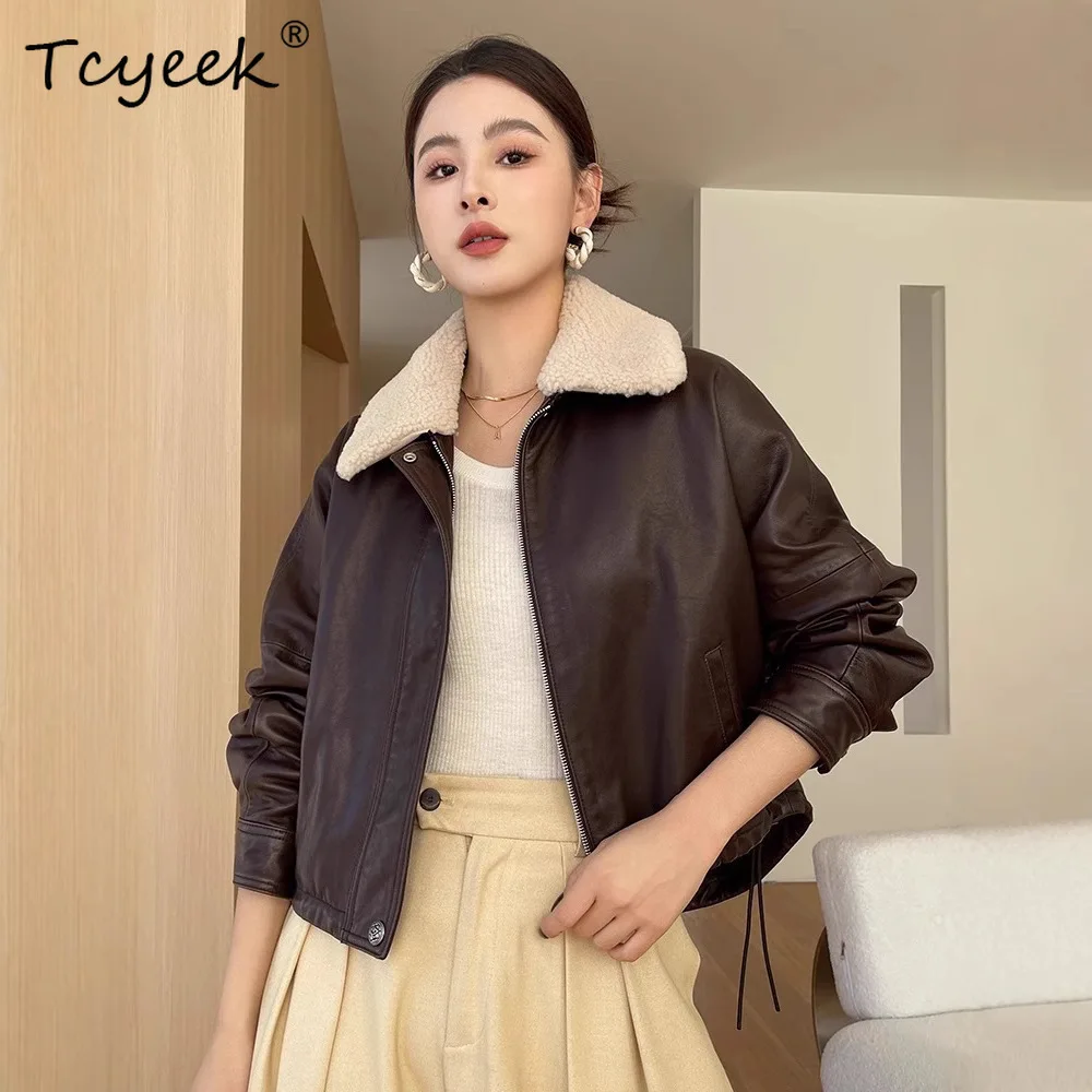 Tcyeek سترة جلدية أصلية للنساء ملابس شتوية معطف من جلد الغنم الحقيقي امرأة دافئة أوزة أسفل معاطف نسائية الصوف الفراء طوق