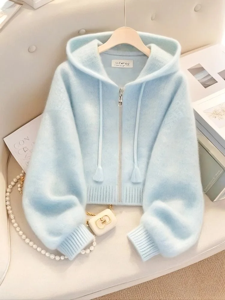 Hot Fashion Soft Blue Cardigan Sweaters Women Long Sleeve Elegant Knitted Jacket Sweet Female Casual Hooded Outwear Tops XXL