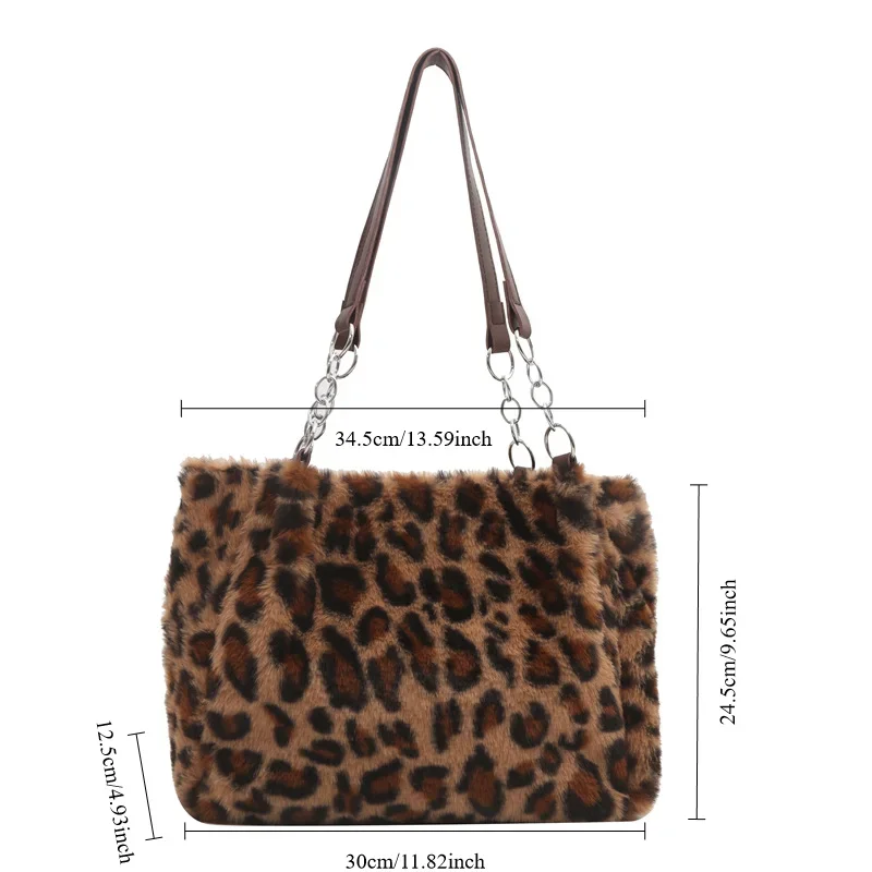 National Style Simple Large Women Leopard Tote Bag Lady Luxury Fluffy Shoulder Bag Chain Large Capacity Commuter Handle Bag