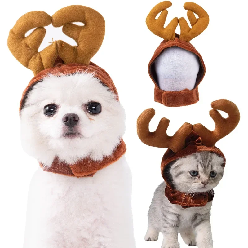 

Santa Dog Hat Antler Dog Costume Christmas Hat for Cats Reindeer Puppy Cap Adjustable Dog Headdress Christmas Pet Accessories