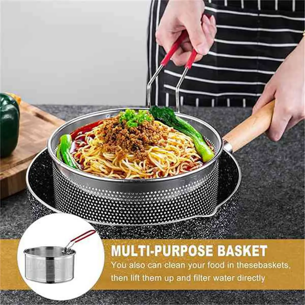 1pc Stainless Steel Fried Mesh Kitchen Fry Basket Cooking Basket Fry Pan Oil Pan Strainer Noodle Spoon Colander