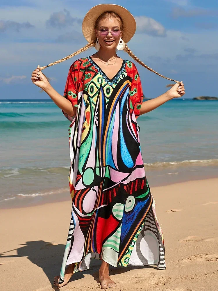 2025 Loose Boho Style Maxi Dress Print Face Swim Suit Cover-up Bohemian Dress Robe Plage Kaftan Maxi Dress Beach Wear Tunics