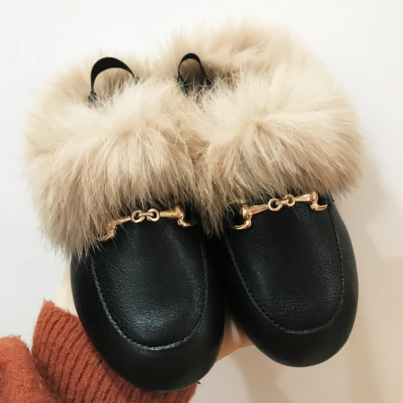 Winter Kinder Pelz Prinzessin Schuhe Baby Mädchen Marke Leder Rutschen Kinder Slip auf Hausschuhe Kleinkind Mode Kleid Wohnungen Jungen Schuhe