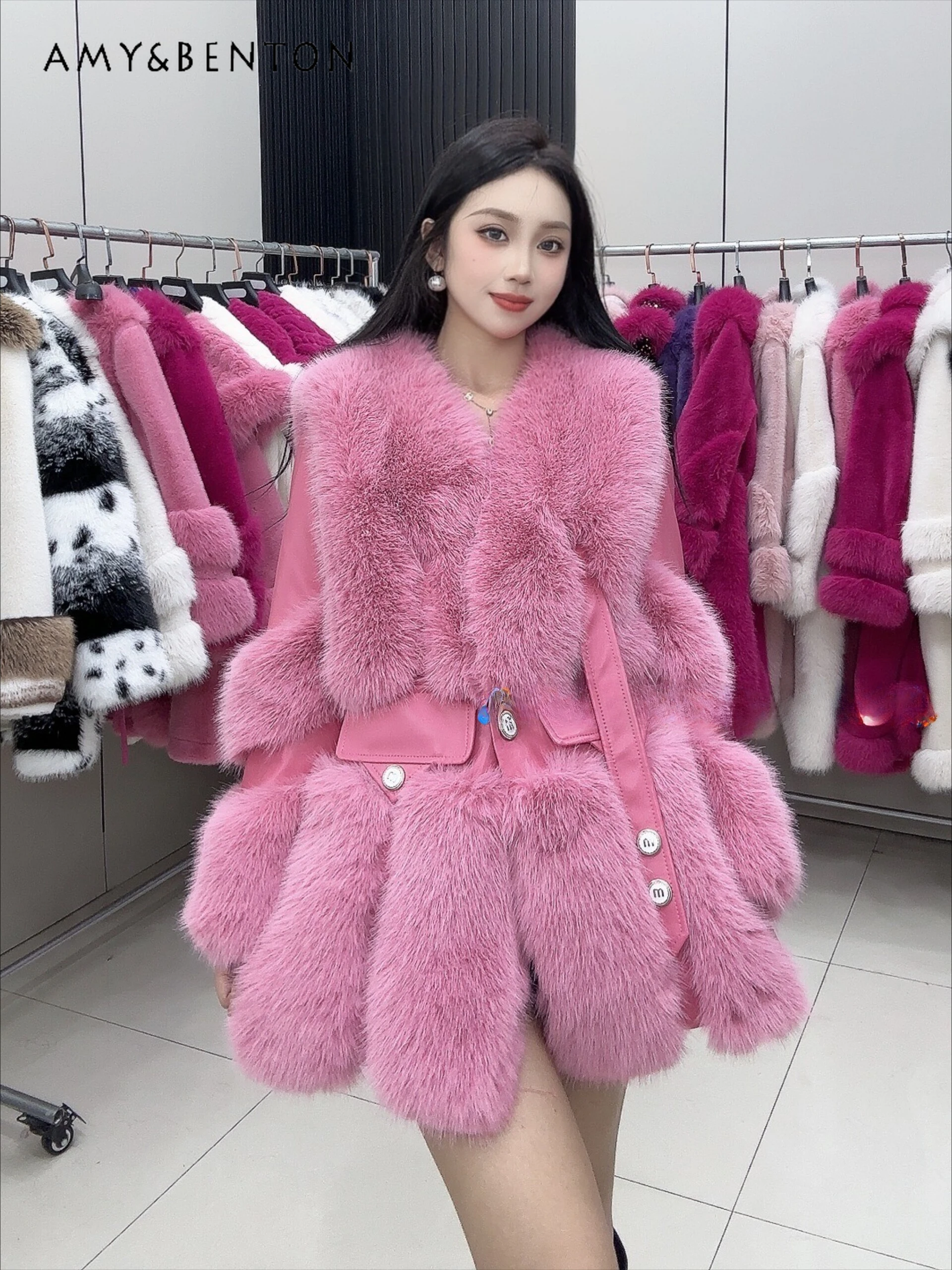 

2024 Winter New All Match Graceful Socialite Faux Fur Coat European High End Plush Splicing PU Leather Loose Slim Fur Jacket