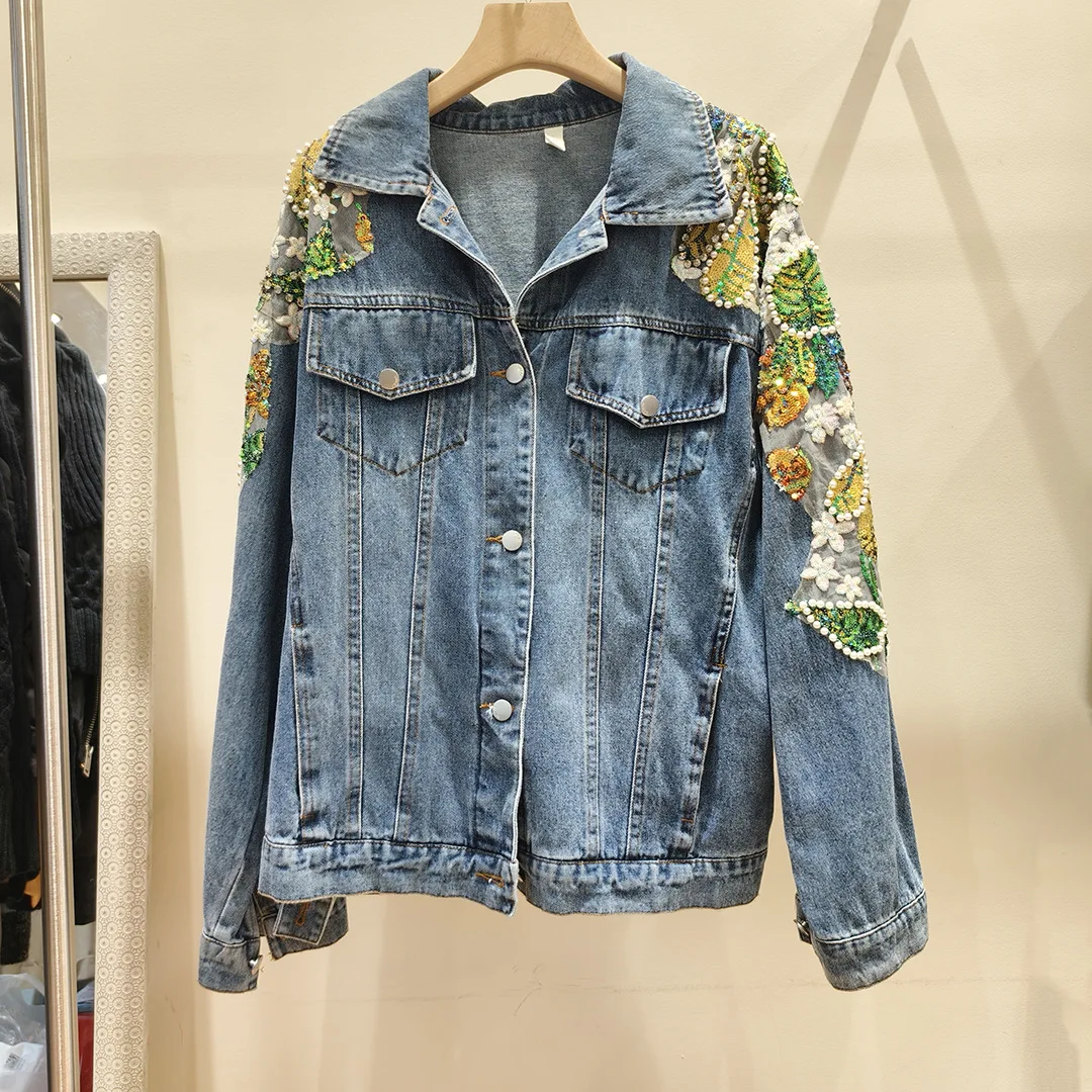 

Washed Women Denim Jackets Spliced Sequins Coat Loose Single Breasted Jacket Turn Down Collar Long Sleeve Buttons Basics