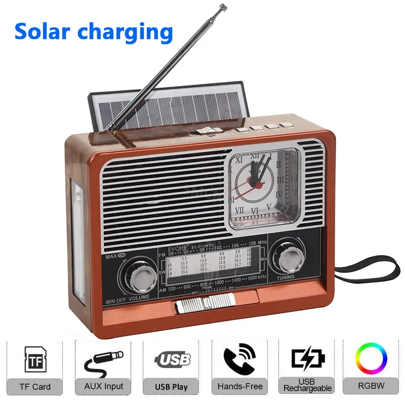Radio portatile di emergenza retrò ricevitore Radio FM/AM/SW1-6 altoparlante BT lettore musicale MP3 solare con supporto per luce a LED scheda USB/TF