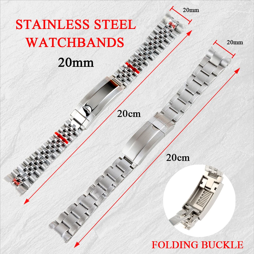 Stainless Steel Watchbands 20mm Width Watch Strap Folding Buckle For SUB GMT Case Waterproof Presidential/Oyster/Jubilee Strap