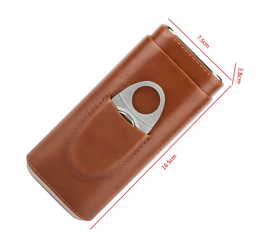 FOCUS-Three-Finger Portable Cigar Humidor, Leather Case with Silver Cigar Cutter, Brown and Black, Two Choices Cowhide Material
