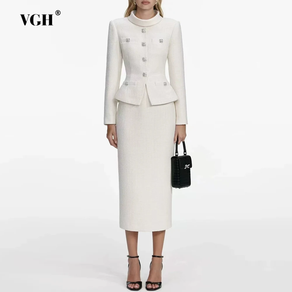 VGH Temperamento solido Dimagrante Set a due pezzi per le donne Girocollo Manica lunga Top Gonna a vita alta Autunno Chic Set femminile Nuovo