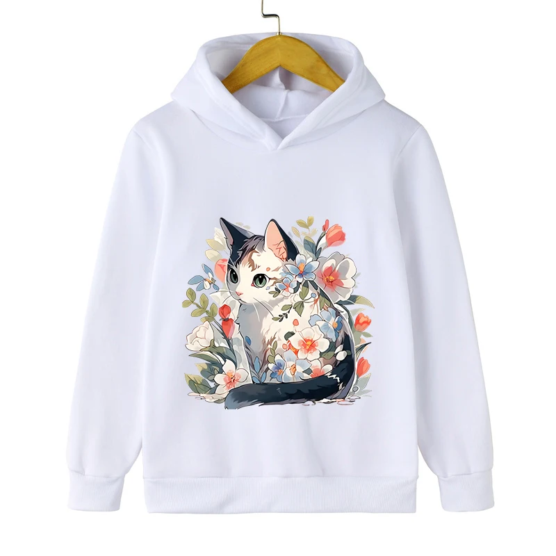 Children Hoodie White Cat Clothing Boys and Girls Long Sleeve Watercolor Flower Pullovers Fashion Animal Kitten Kids Sweatshirt