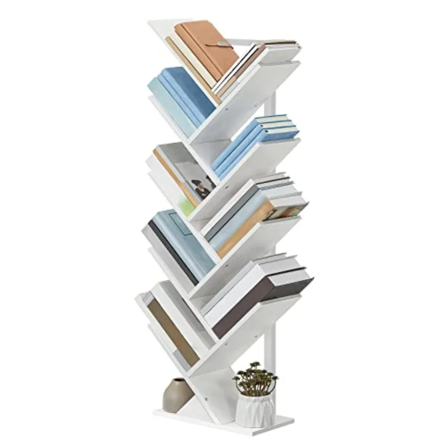 

Tree Bookshelf 9-Tier Bookcase Wooden Shelves Floor Standing Storage Rack for Display of CDs Books in Living Room Home Office W