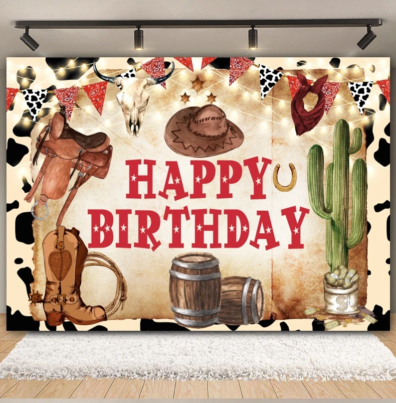 Western Cowboy Birthday Backdrop Photography Wild West Wood Barn Farm Happy Birthday Baby Shower Party Background Photo Studio