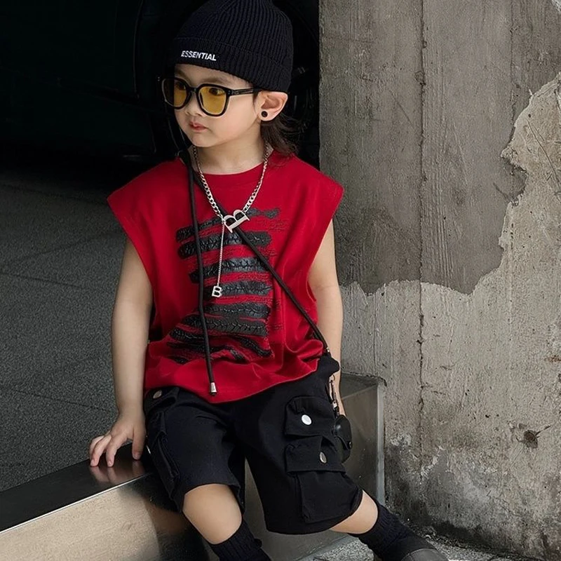 Summer Fashion Baby Red Sleeveless Set Boys Top Tshirt+Shorts 2pcs Children Set Casual Sportswear 2PCS Streetwear Clothing