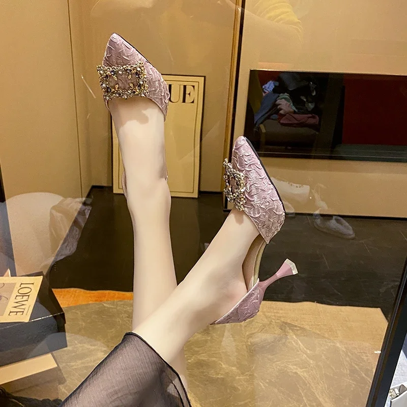 Women High Heel Pumps 6cm/9cm Pointed Toe Stiletto Low Heel Women\'s Shoes Office Lady Rhinestone Shoes Pink Heels Wedding
