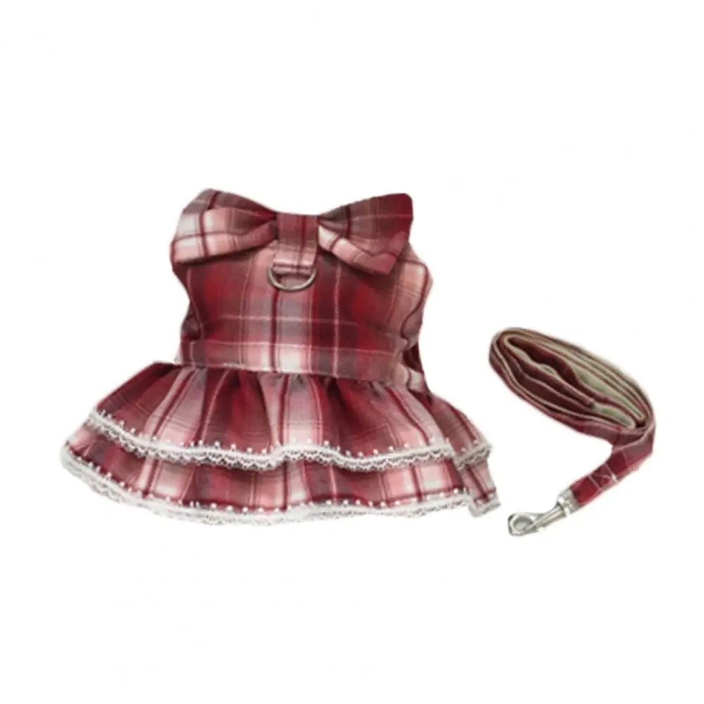 Cat Dresses Bowknot Decor Pet Leash Set Plaid Pattern Kitten Skirt With With Traction Rope Pleated Hemming Round Neck Dog Outfit