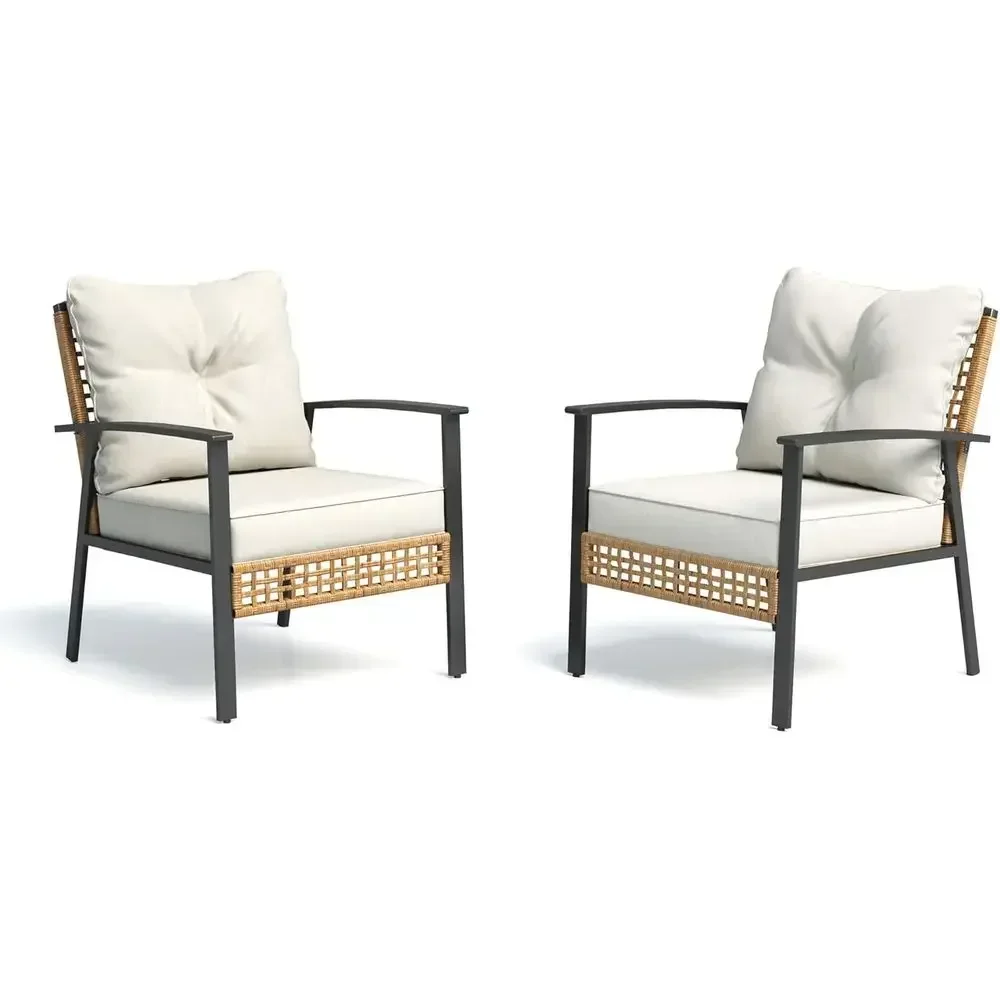 Beige Outdoor Rattan Bistro Set with 2 Deep Seating Wicker Chairs and Thick Cushions for Patio, Garden, Balcony, and Backyard