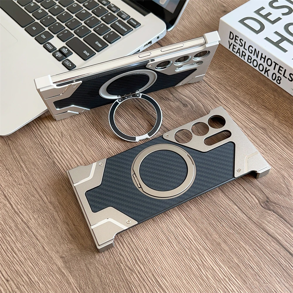 Aluminum Alloy Frame Magnetic Holder Phone Case For Samsung Galaxy S25 S24 S22 S23 Ultra Carbon Fiber Metal Frame Bumper Cover