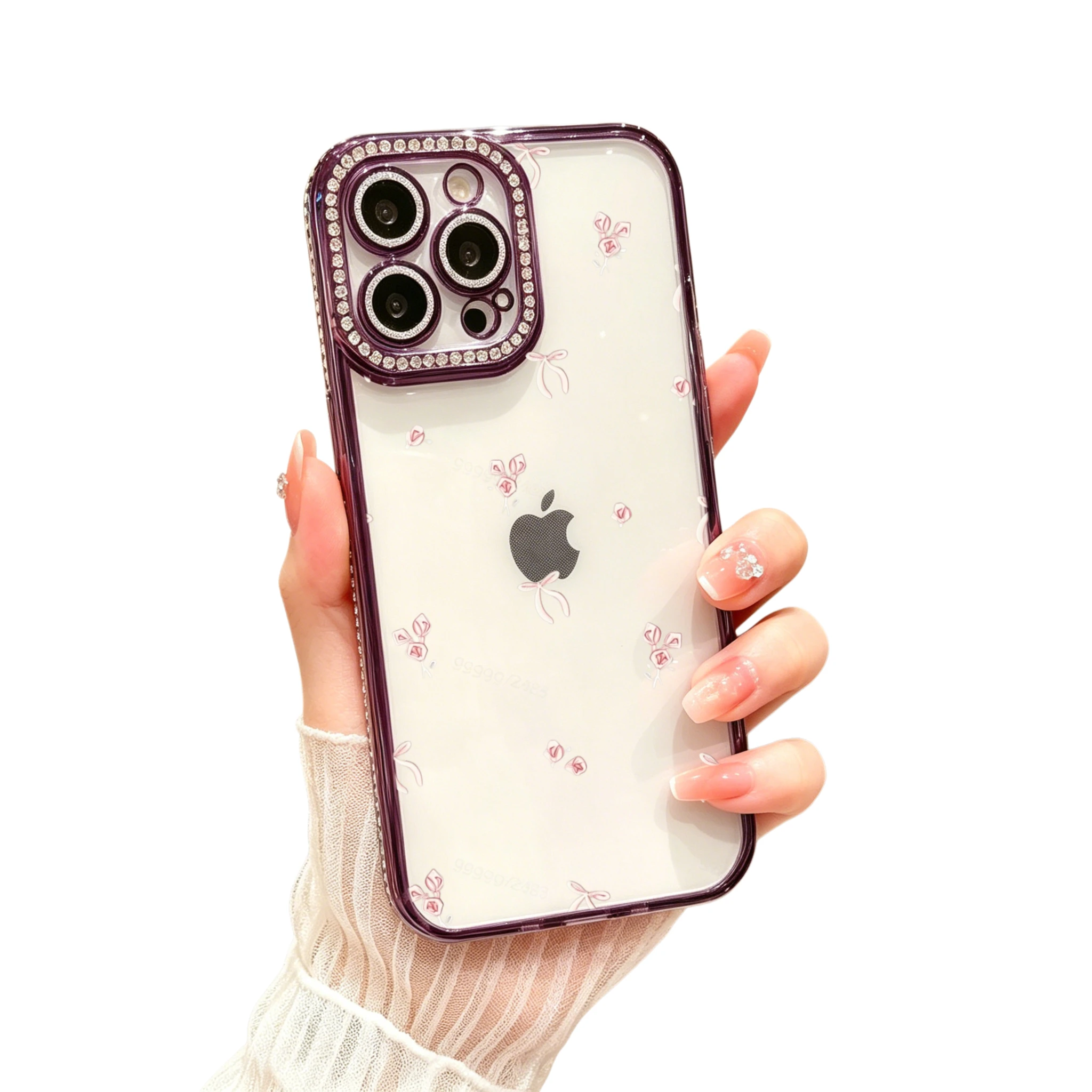 Diamond Electroplated TPU Phone Case for iPhone,  Luxury Glitter Phone Case, Purple Rhinestone Camera Frame With Pink Floral Pattern  , Luxury Glitter Rhinestone Frame, Built-in Lens Protector, Anti-Slip Shockproof Clear Cover - view 5