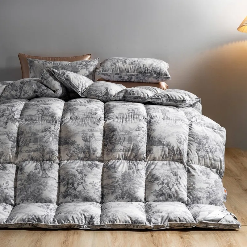 Cloud Fluffy Pinch Pleat Goose Down Comforter Set 800Fill Power King Queen size Elegant Ink art printed Comforter for All Season