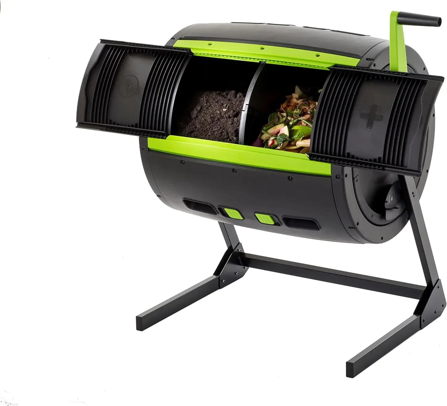 65 Gallon Two Stage Compost Tumbler with Large Double Doors and Open Frame, Black and Green