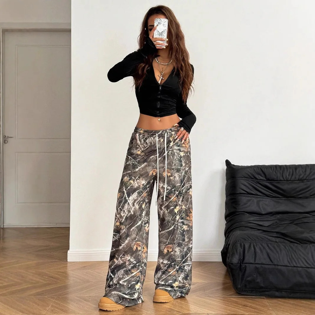 2025 American Teen Women's Fashion Casual Elastic Waist Camouflage Printing Skinny Wide Leg Floor Pants