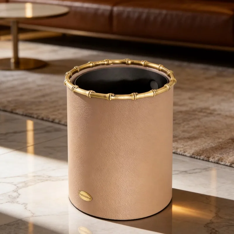 Luxury Leather Wastebasket Creative Stainless Steel Double Trash Can Living Room Decoration Minimalist Trash Bin Home Furniture