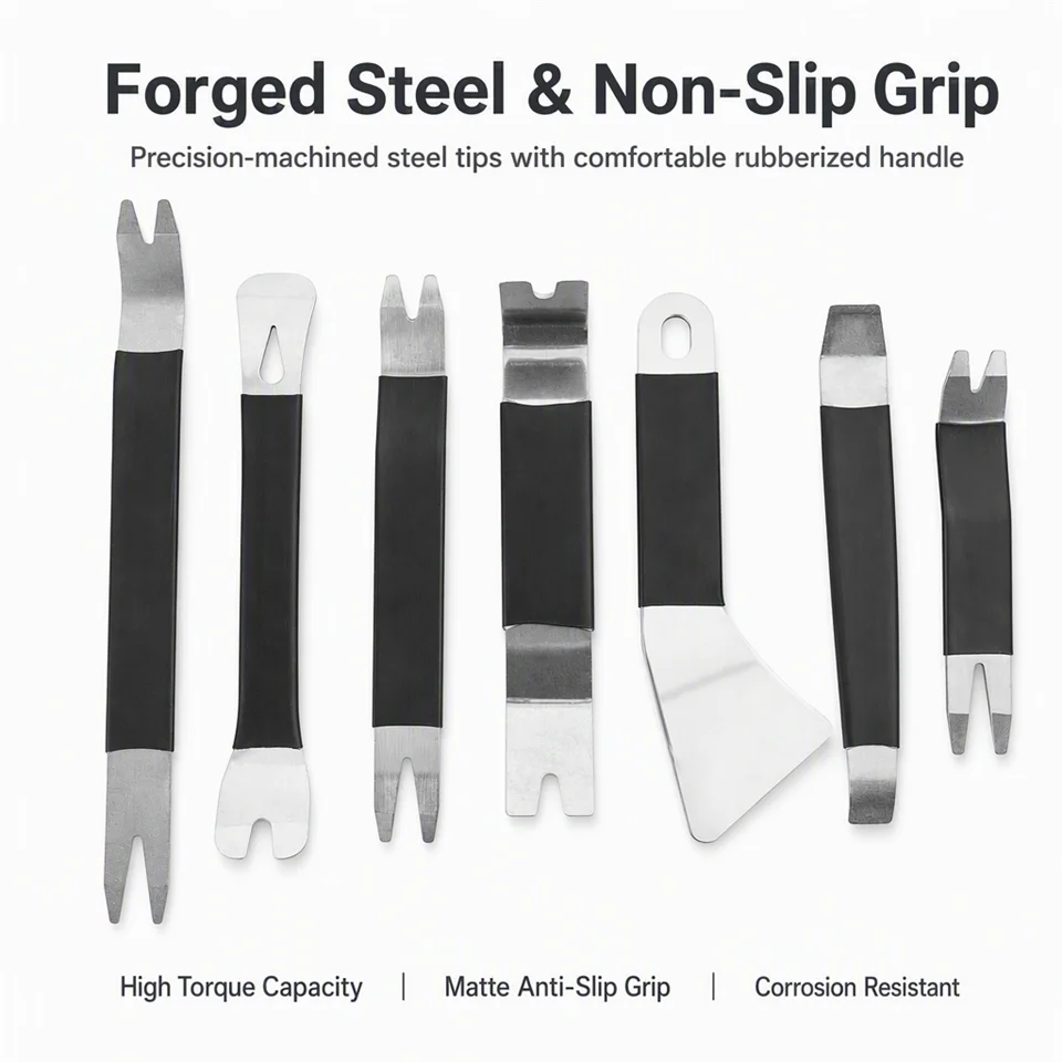 7PCS Auto Pry Tools Car Trim Removal Kit Stainless Steel Set for Car Door Panel with Zipper Storage Bag and Black Handles