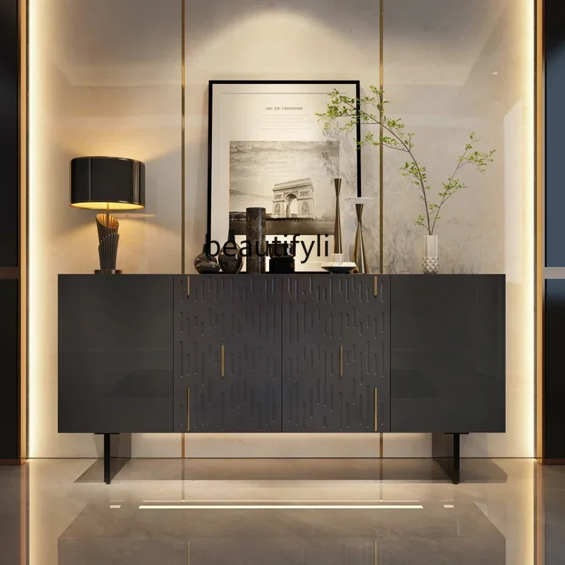 ss8350 Italian light luxury entrance cabinet villa, glass decorative cabinet, sensor light, black side cabinet