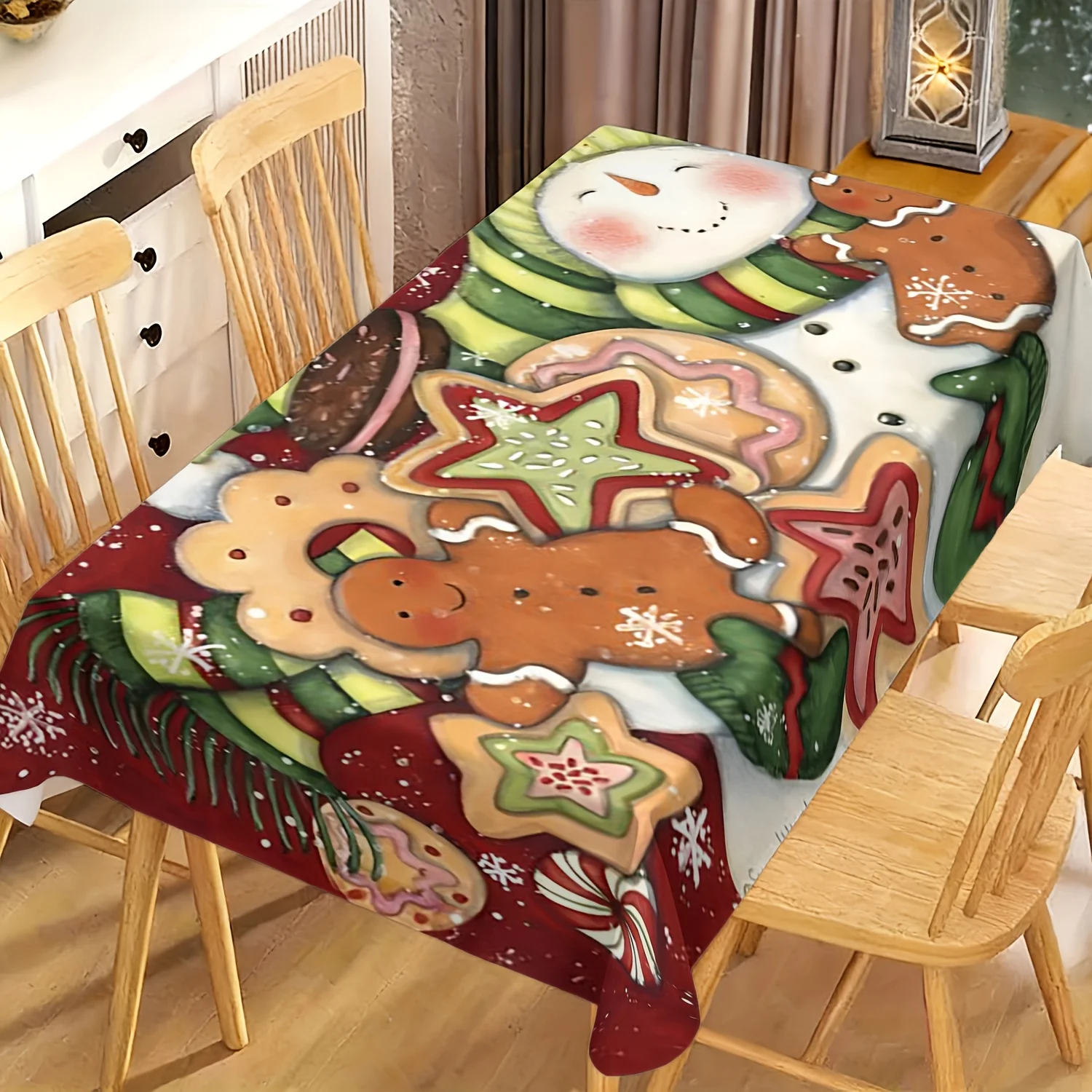 1pc 2D Flat Tablecloth, Snowman Holding Gingerbread Man Cookie & Snowflake Printed Rectangle Tablecloth, Decor for Dining Table