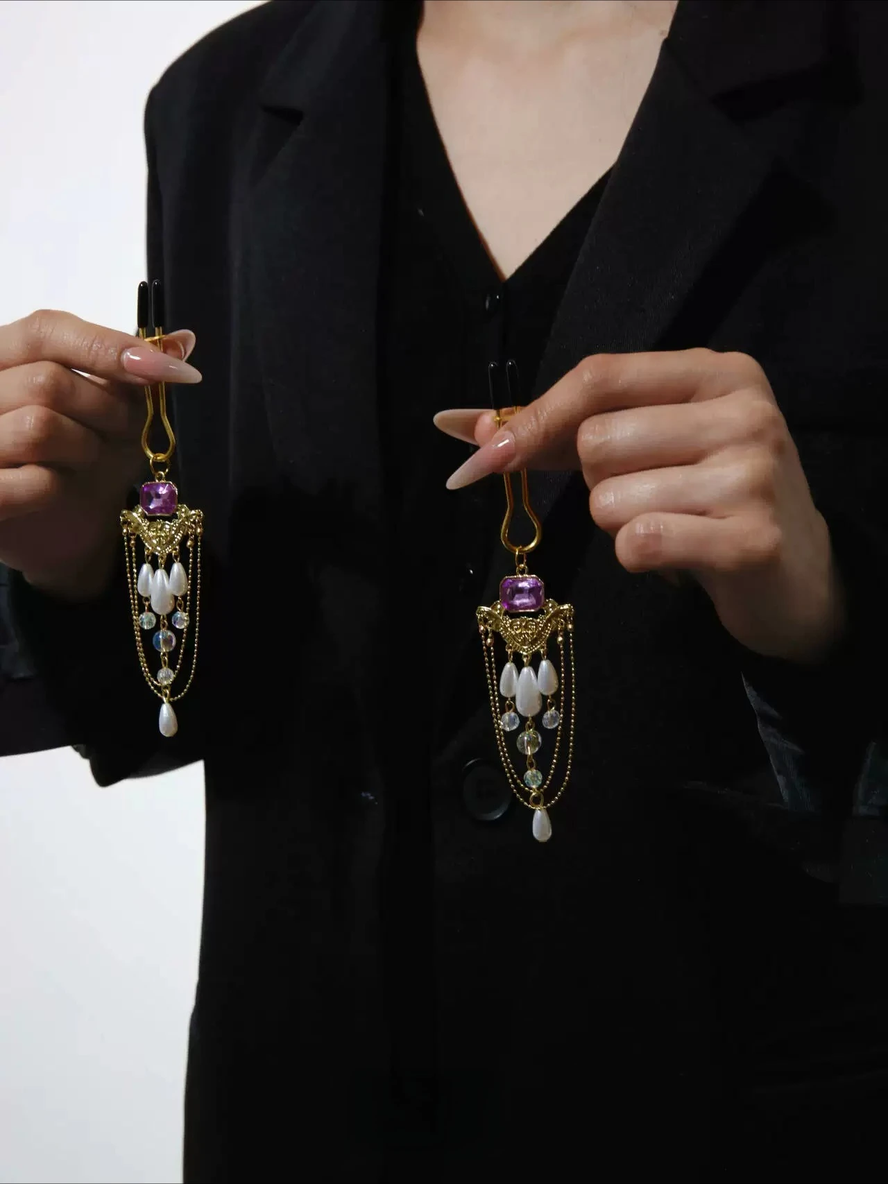 Purple Pearl Tassel Decor Ornaments For Women Vintage Court Style Niche Design Costume Jewelry
