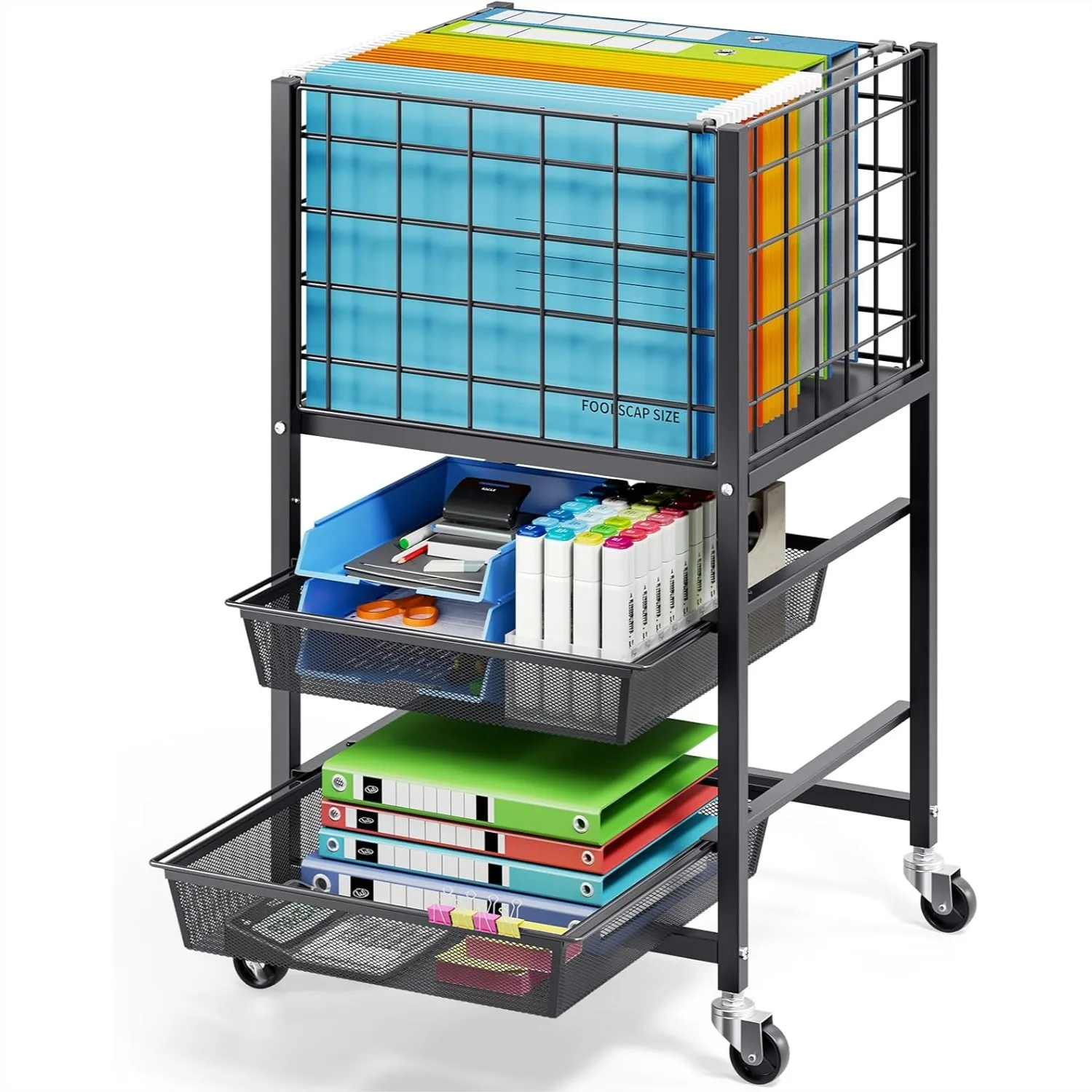 

3-Tier Rolling File Cart with 2 Sliding Trays and Adjustable Hanging Rod for Office Home Classroom, Black