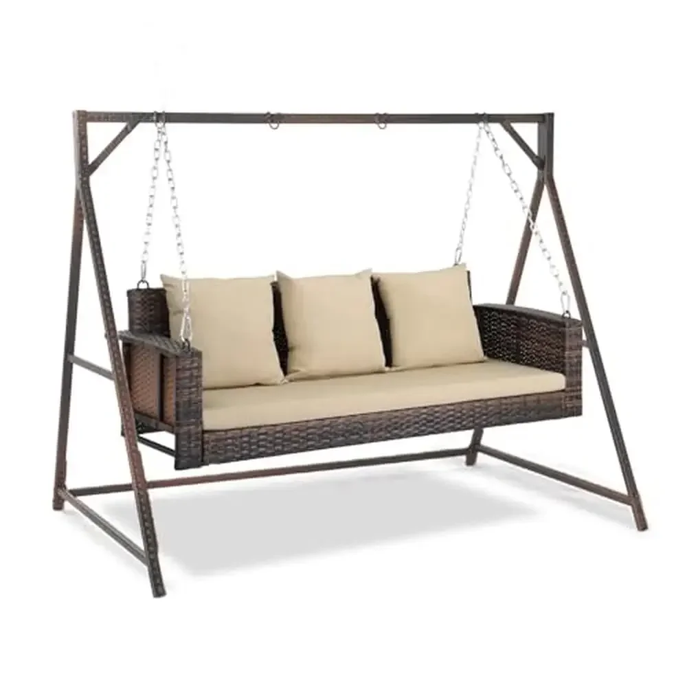 

Wicker Porch Swing Set with Cushions Heavy Duty 800 LBS Rattan Swing with Stand Outdoor Yard Stable Construction Upgraded Safety
