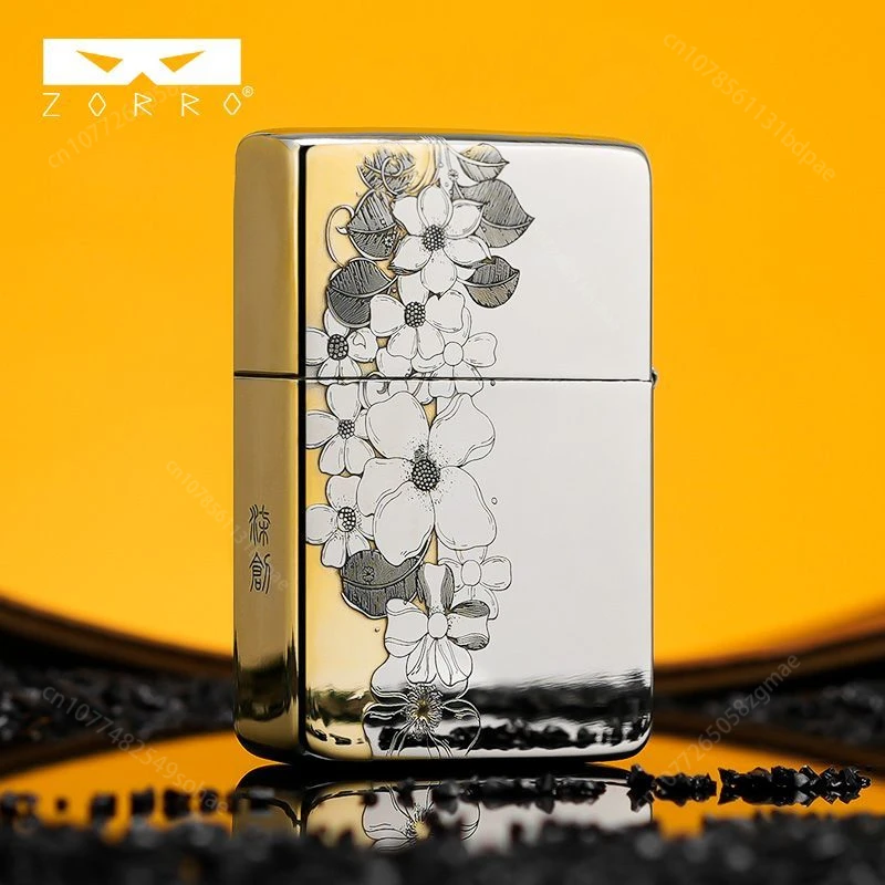 

2026 ZORRO Retro Kerosine Lighter, Exquisite Flower Carving Brass Lighter, Windproof Grinding Wheel Cigarette Lighting Tool Gift