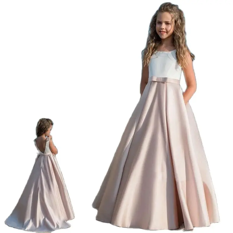 

Satin Flower Girls Dresses With Bow Sash First Communion Dress For Little Kids Party Birthday Dress Toddlers Formal Pageant Gown