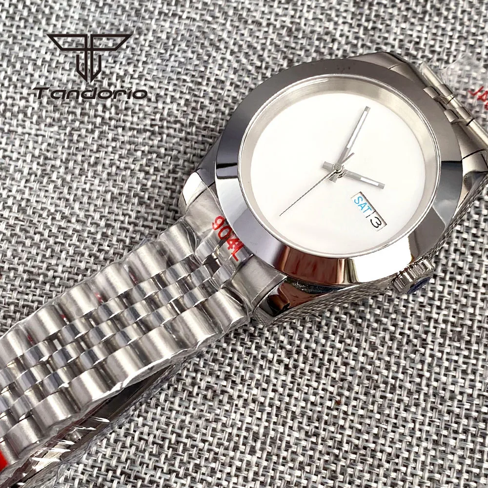 Imagem -04 - Relógio Automático de Masculino Tandorio Moldura Polida Mostrador Branco Estéril Vidro de Safira Data de Semana Nh36 36 mm 39 mm Aço Inoxidável