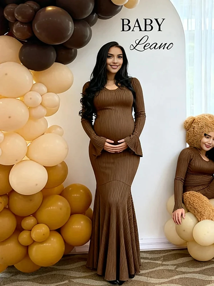 Ribbed Knit Maternity Dress Photoshoot Long Sleeve Flared Cuff Mermaid Maxi Pregnancy Gown Baby Shower Photography Prop