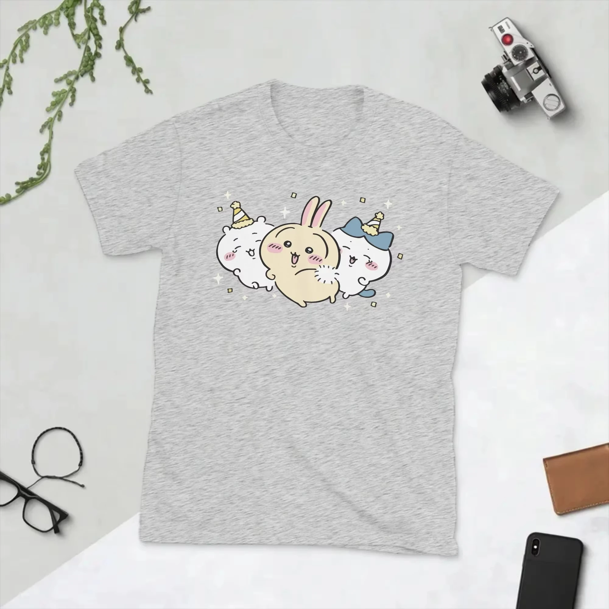Chiikawas Hachiware Usagi T Shirt Men 100% Cotton Novelty T-Shirts Crew Neck Tees Short Sleeve Clothes Birthday Present