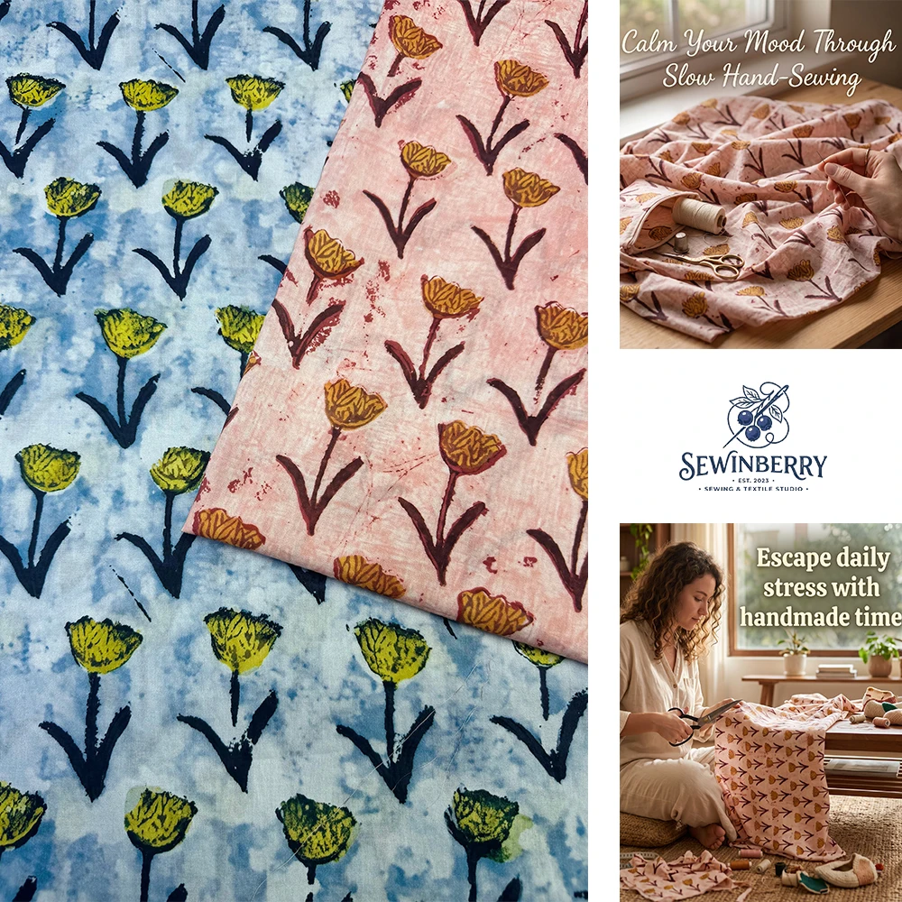 Vintage Hand Block Print Tulip Cotton Fabric Stress-Relief DIY Sewing Material For Dress Blouse Pillow Cover Patchwork Quilt