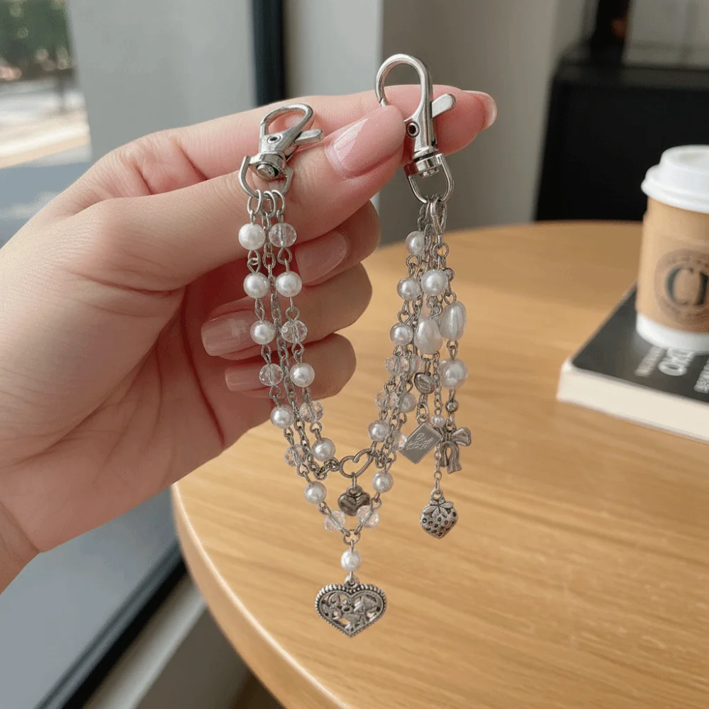 

Многослойный акриловый брелок-цепочка для сумки в стиле Y2K с имитацией жемчуга, металлический, с бусинами в форме сердца, для самостоятельного изготовления