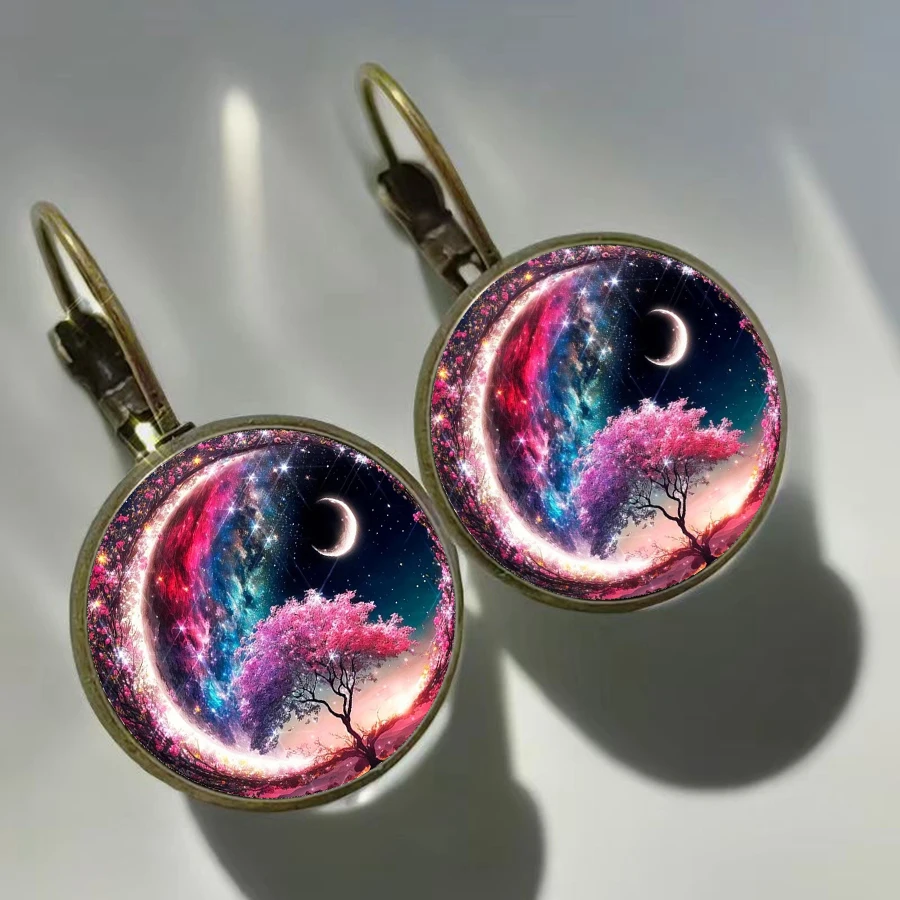 Dream Moon Tree Earrings Hot Selling Colorful Moon Picture Glass Convex Round Earrings for Women\'s Birthday Gifts Jewelry