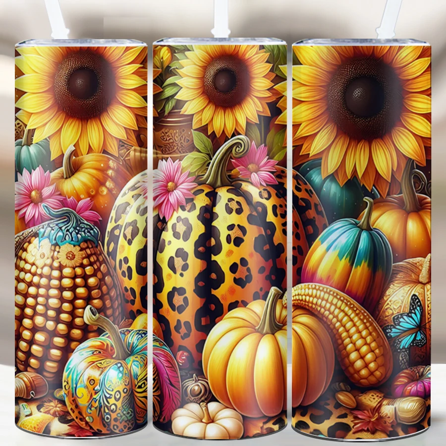 20oz Pumpkins Fall Tumbler Straw Lid Stainless  Skinny Straight Mugs 3D Print Pumpkin Sunflower Xmas Thanksgiving Family Mugs