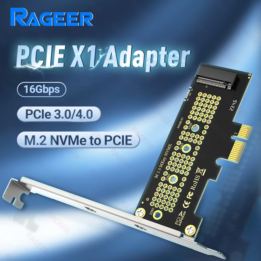 RAGEER PCIE 4.0 X4 naar NVMe Adapterkaart 64Gbps Ondersteuning 4.0/3.0/2.0 voor M2 2280/60/42/30 SSD Converter met metalen profielbeugel