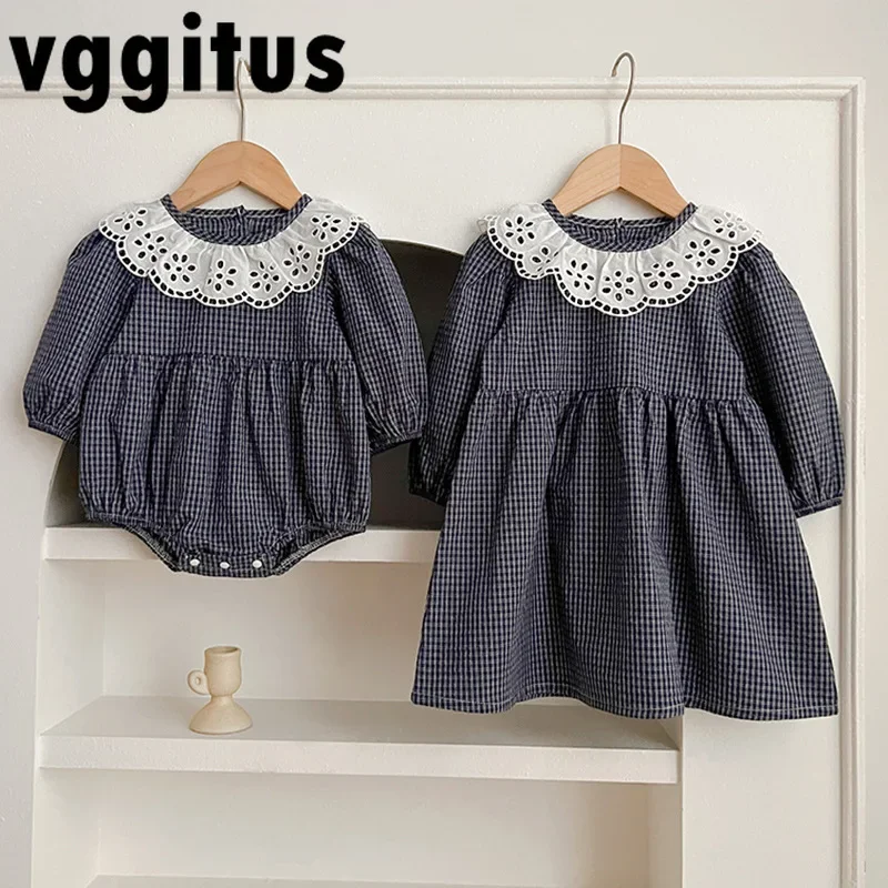 الخريف الربيع الأسرة مطابقة وتتسابق شقيقة الملابس حزب منقوشة فستان فتاة الأميرة الدانتيل طوق ارتداءها ملابس الطفل H6081