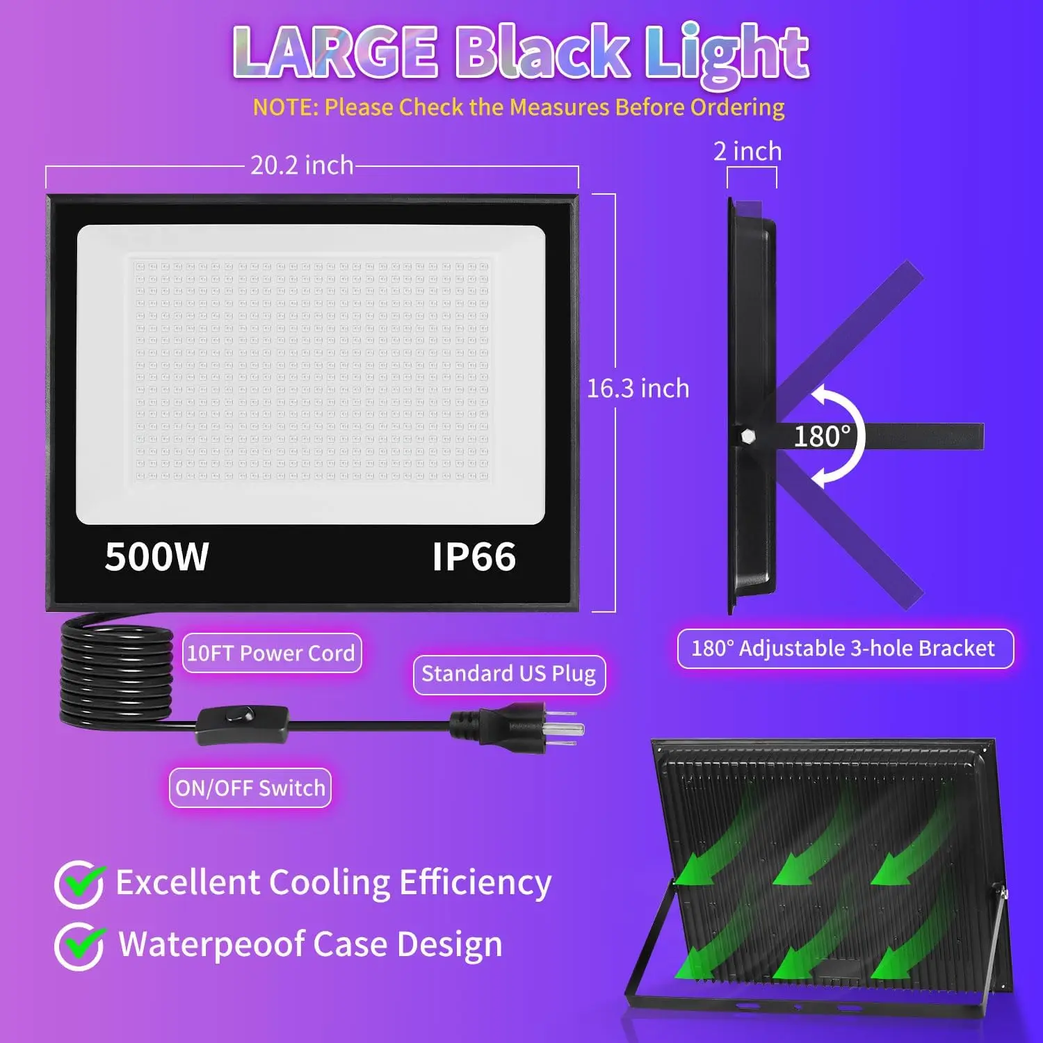 500W Led Black Light Ip66 Waterproof, Outdoor Blacklight Flood Light With Plug+Switch, Powerful For Neon Glow In The Dark Party