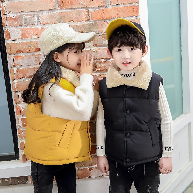 

2023 Autumn Winter Boys Girls Vest Solid Color Lining Plus Velvet Thicken Keep Warm Lapel Down Cotton Waistcoat For 2-10 Years