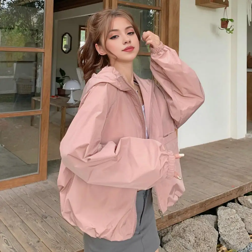 Women Short Jacket Stylish Women's Hooded Jacket with Zip-up Closure Long Sleeves Pockets for Fall Spring Outdoor for Women