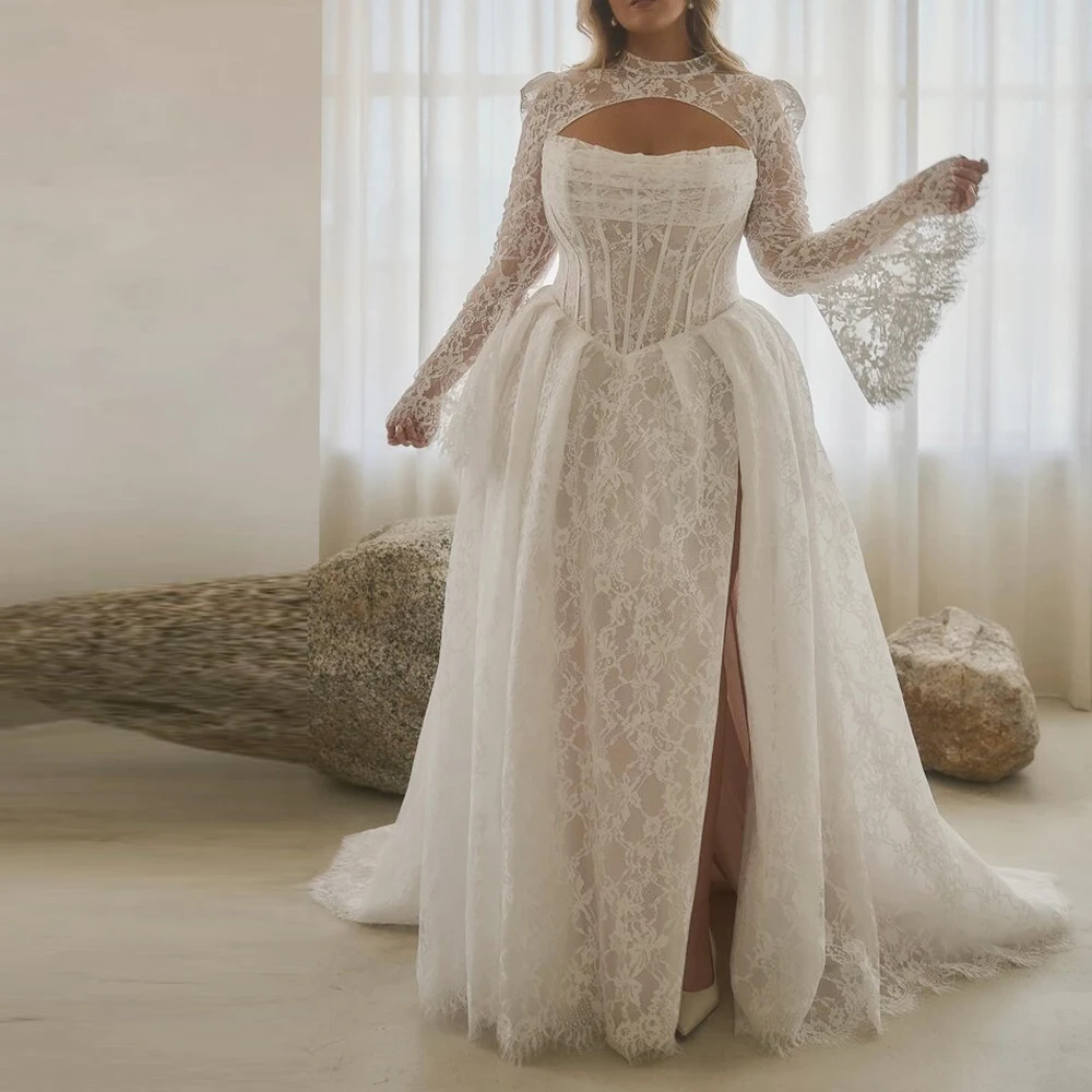 

Индивидуальный свадебный костюм больших размеров: кружевное платье А-силуэта без бретелек с жакетом, разрезом и открытой спиной, корсетное платье для невесты (Vestido De Novia)