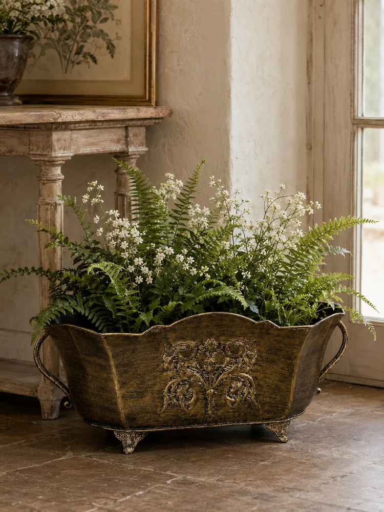 Vintage Metal Planter with 4 Feet and Handles, 41cm Large Distressed Iron Flower Pot with Embossed Floral Design for Home Garden