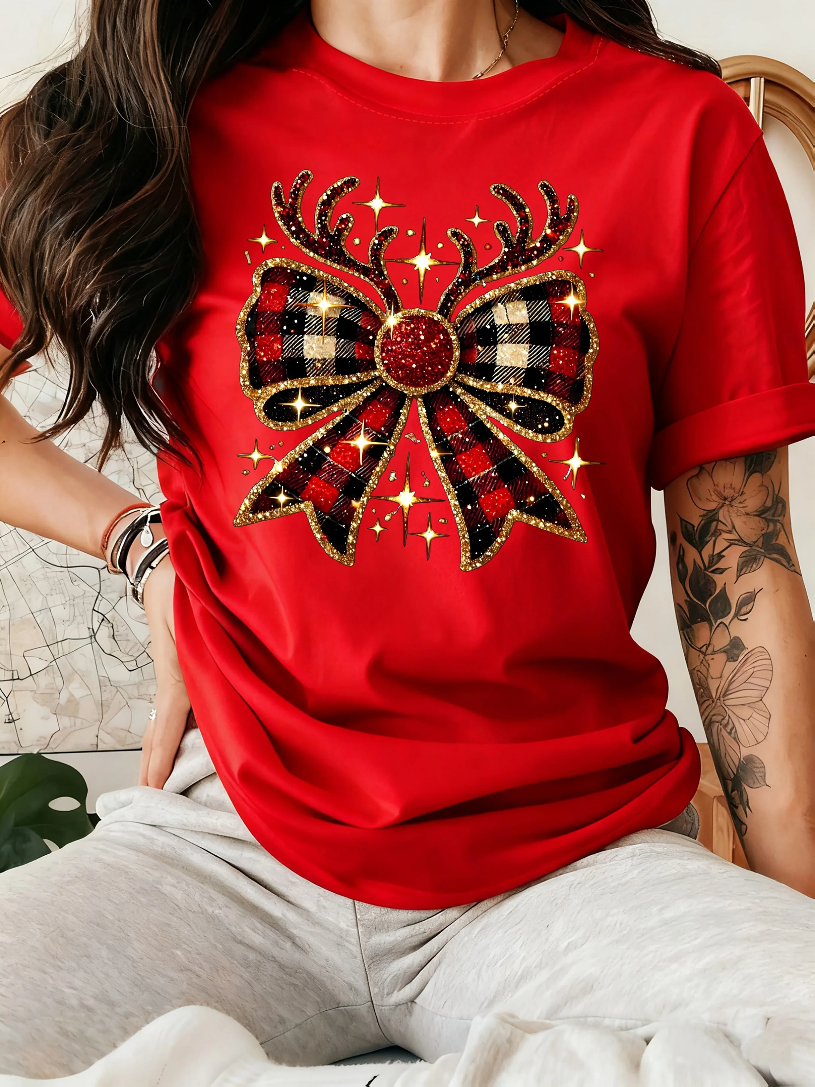 

3D Christmas-Element Bow Printed Women's T-shirt Fashion Christmas Elk Pattern Short Sleeve Casual Loose O-neck Female Clothing
